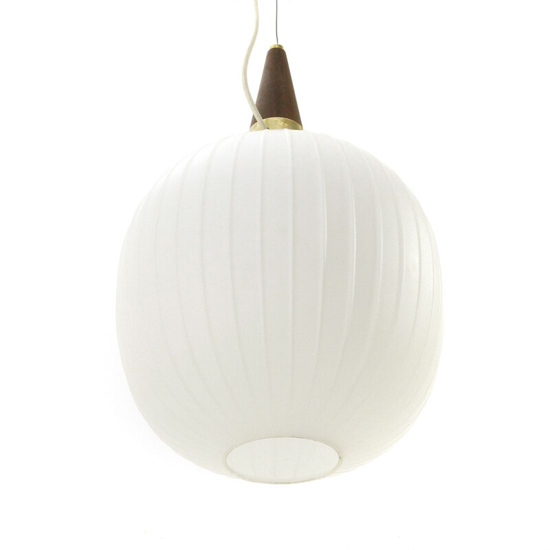 Vintage teak and white opaline pendant light,Italy,1960