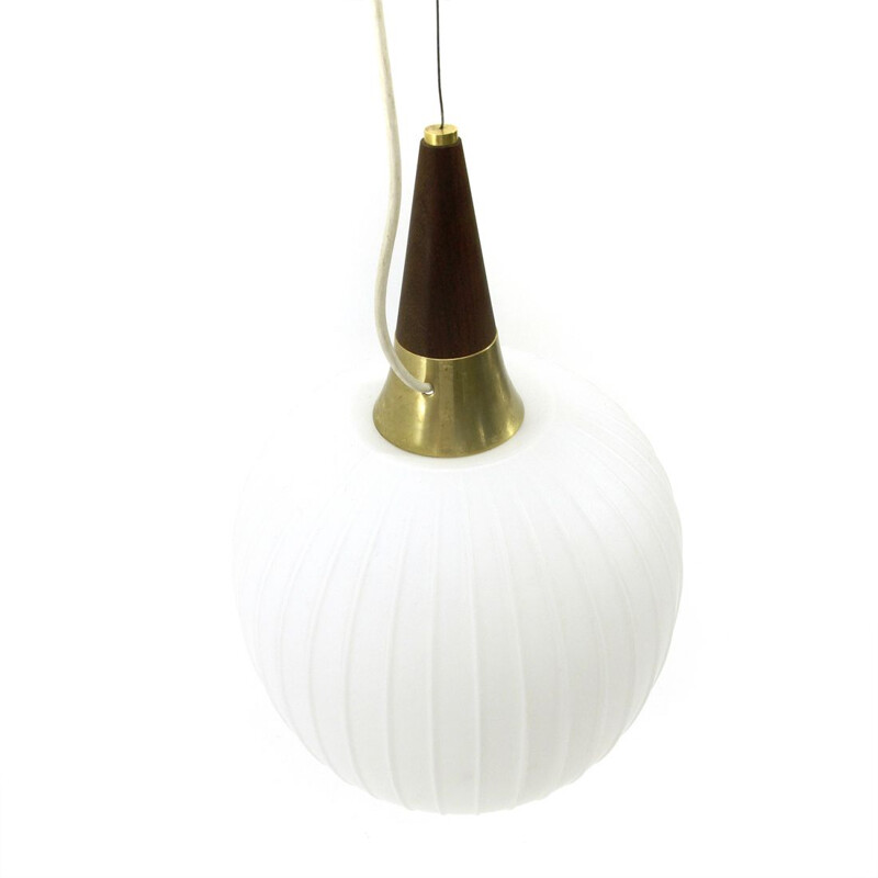 Vintage teak and white opaline pendant light,Italy,1960