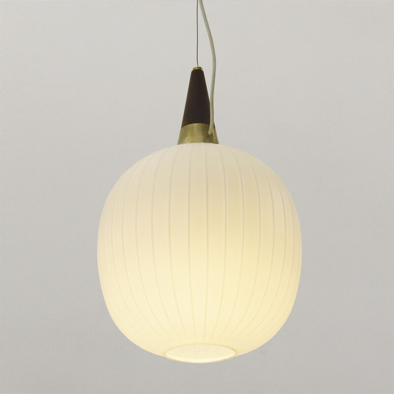 Vintage teak and white opaline pendant light,Italy,1960