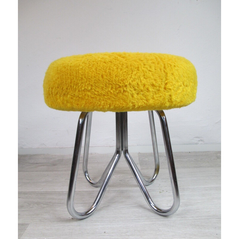 Vintage stool  in yellow fabrics from the 70s