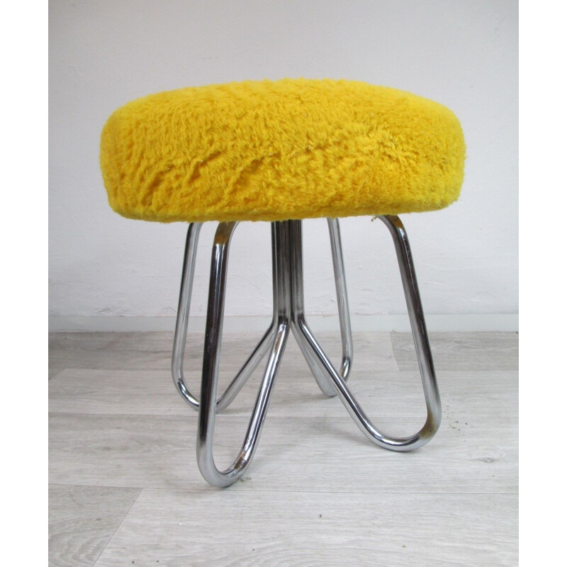 Vintage stool  in yellow fabrics from the 70s