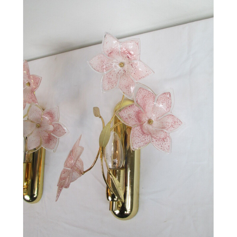 Vintage Italian Brass and Murano Glass Sconces, 1970s, Set of 2