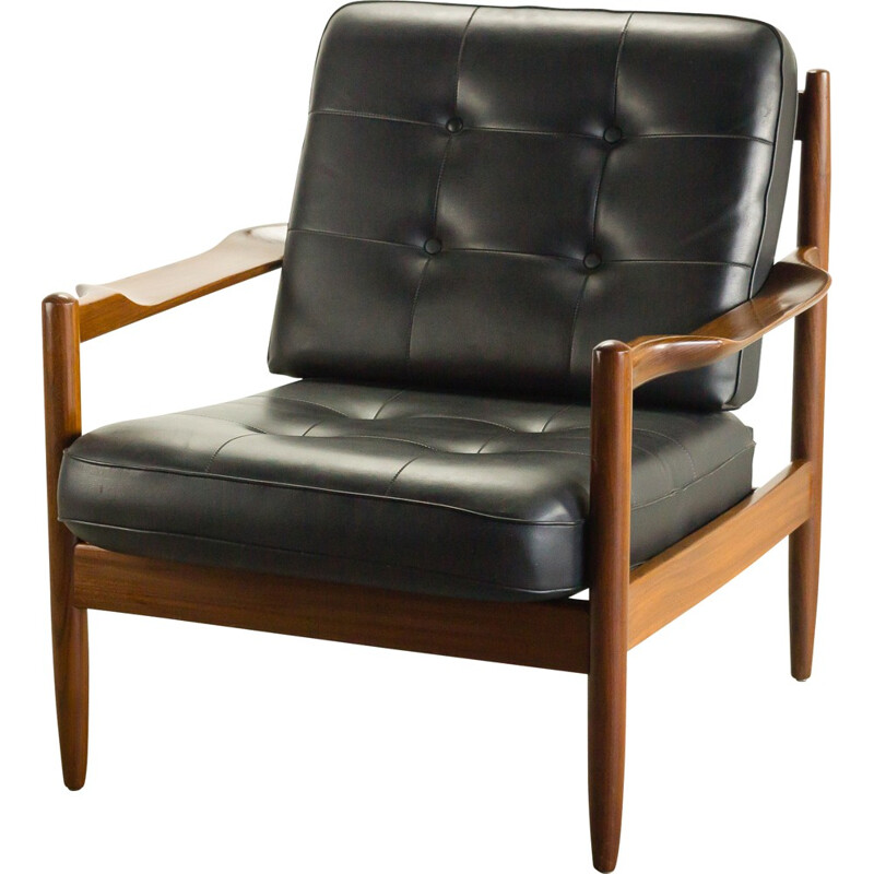 France & Son teak and black leatherette armchair, Grete JALK - 1960s