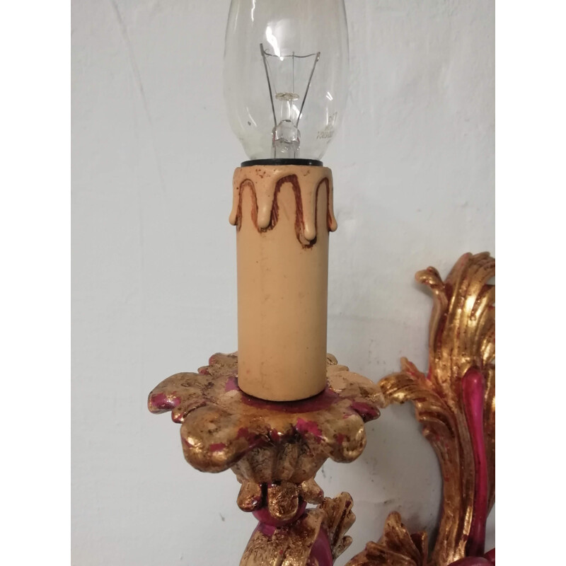 Vintage roze en gouden wandlamp, Italië 1970