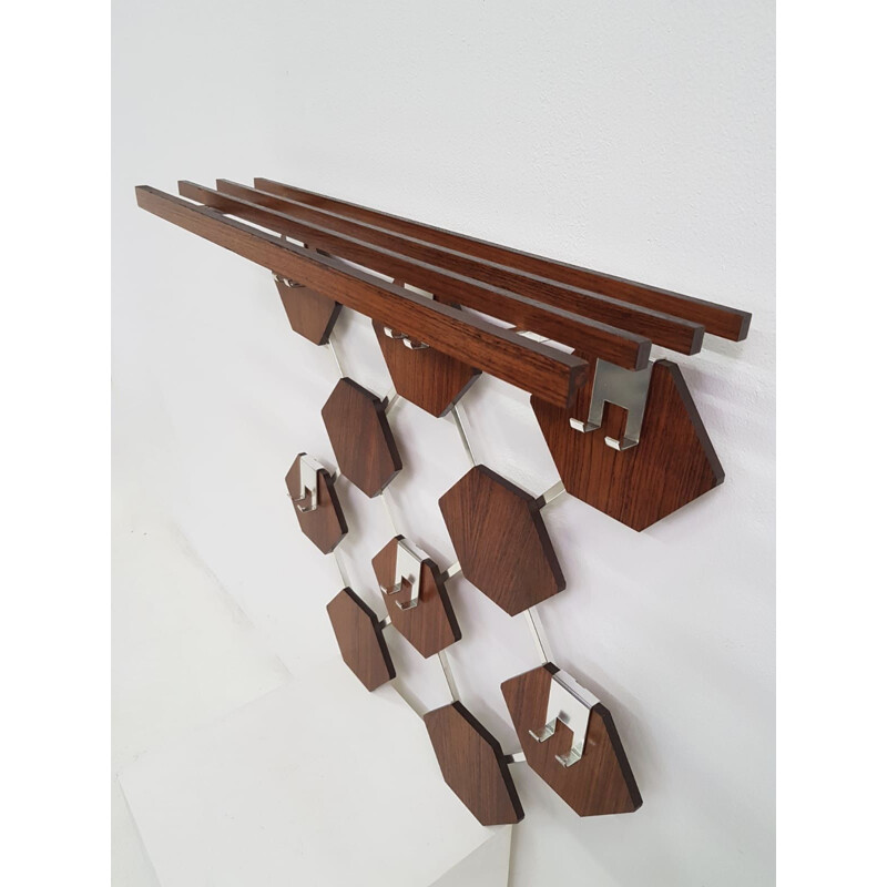 Vintage wall coat rack in chrome and teak from the 1960s 