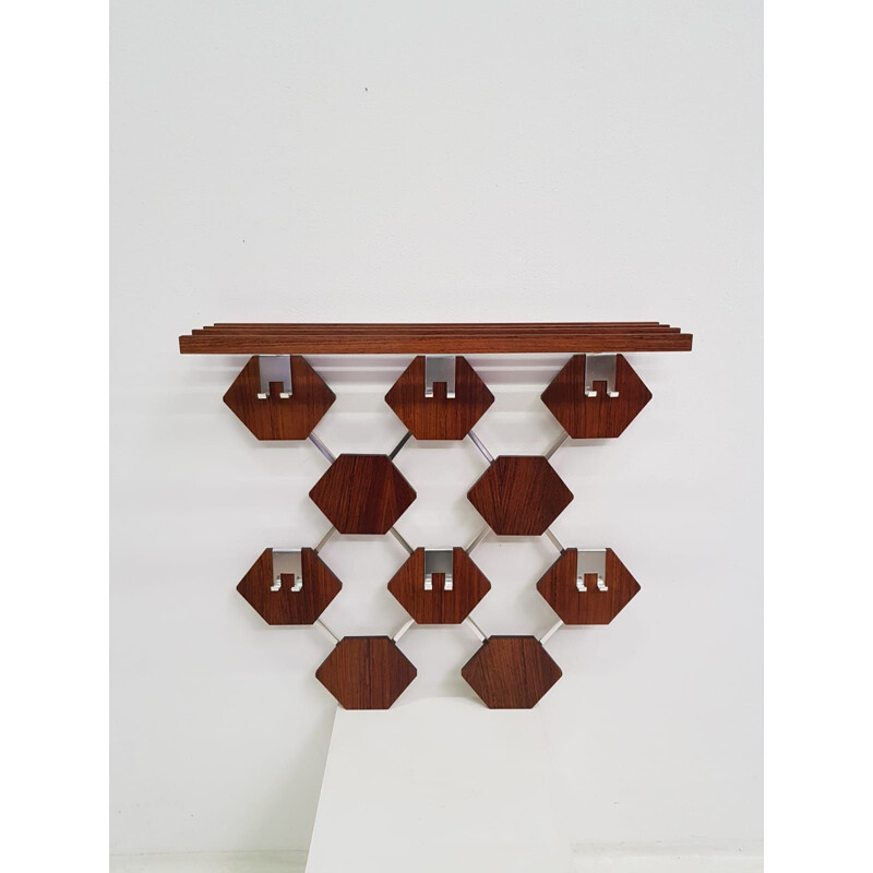 Vintage wall coat rack in chrome and teak from the 1960s 