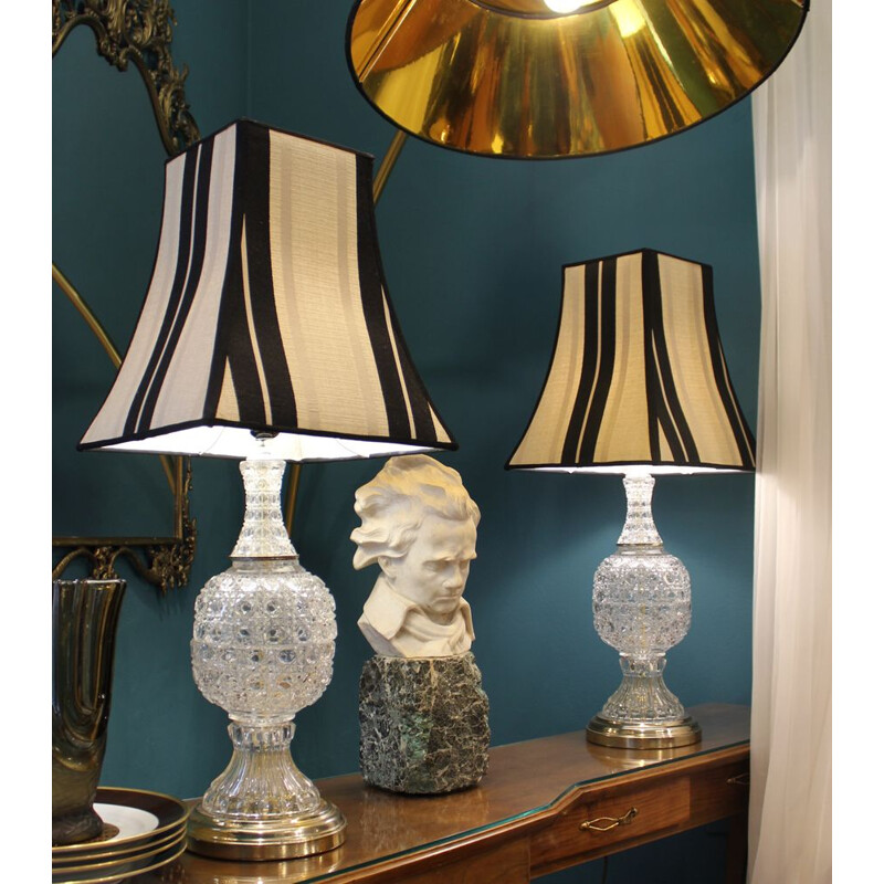 Pair of vintage table lamps in brass and crystal