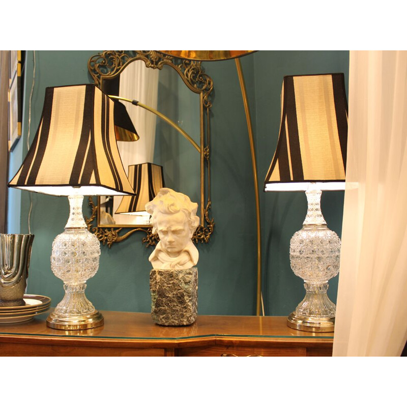 Pair of vintage table lamps in brass and crystal