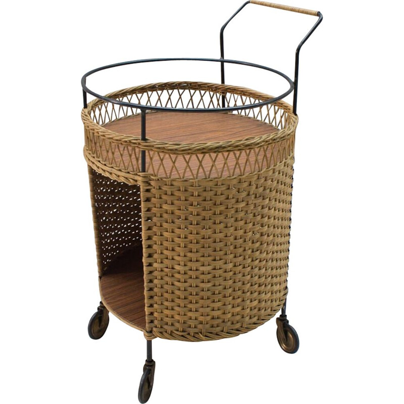 Vintage rattan & string serving trolley 1960s