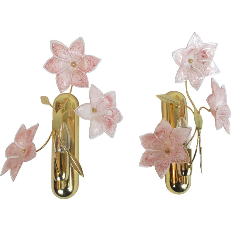 Vintage Italian Brass and Murano Glass Sconces, 1970s, Set of 2