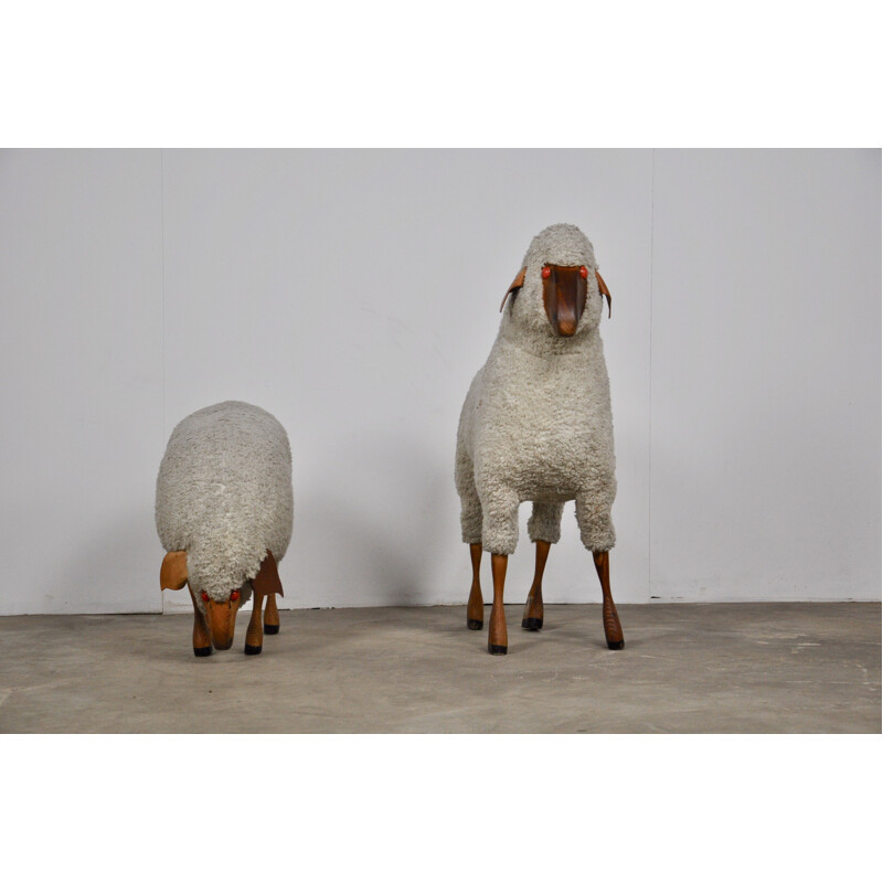 Paire de moutons en Bois et laine de mouton de Hans Krafft pour Meier, 1960