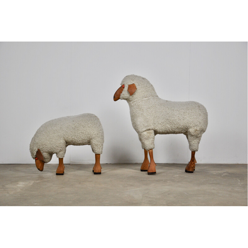 Paire de moutons en Bois et laine de mouton de Hans Krafft pour Meier, 1960