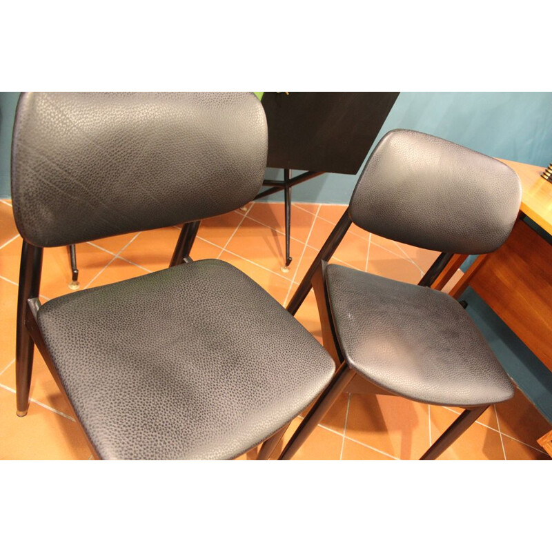 Pair of vintage black leather office chairs, Italy 1950