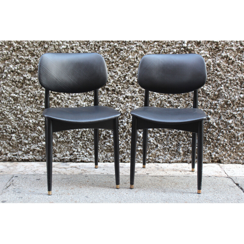 Pair of vintage black leather office chairs, Italy 1950
