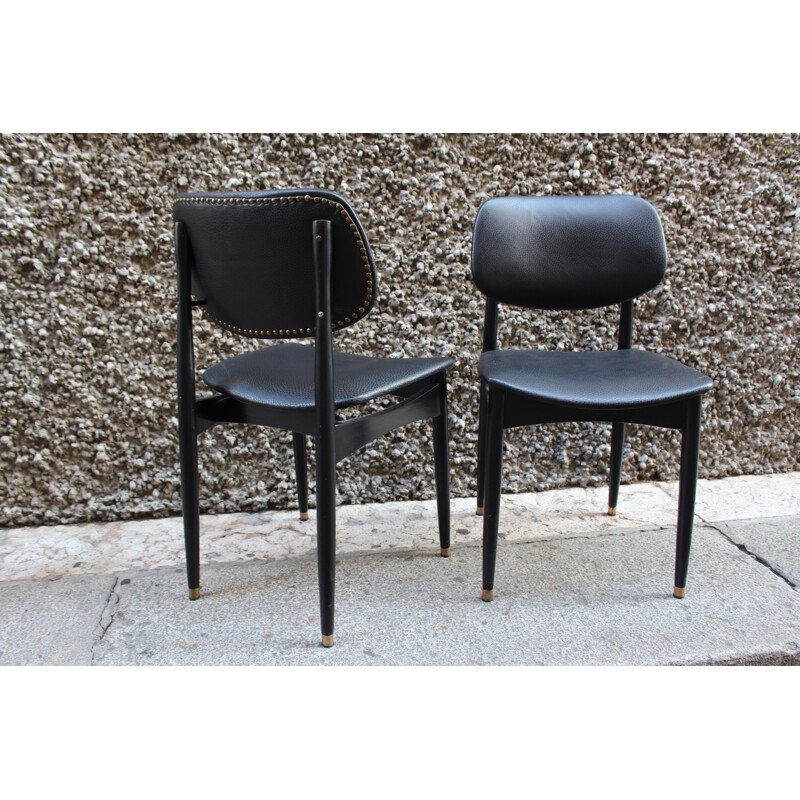 Pair of vintage black leather office chairs, Italy 1950