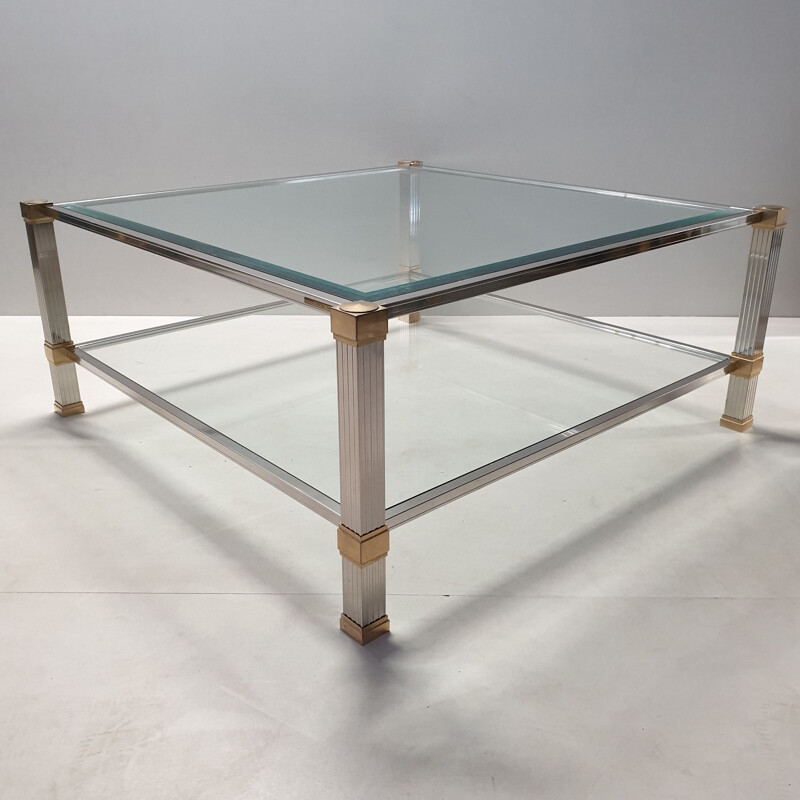 Table basse vintage en chrome et plaqué or carrée à 2 niveaux par Pierre Vandel, années 1970