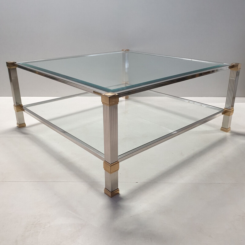 Vintage coffee table in chrome & gold plated square 2-tiers by Pierre Vandel, 1970s