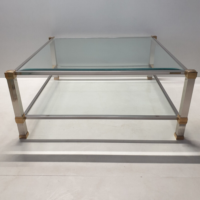 Vintage coffee table in chrome & gold plated square 2-tiers by Pierre Vandel, 1970s
