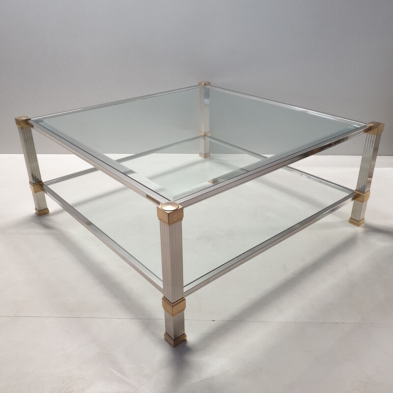 Table basse vintage en chrome et plaqué or carrée à 2 niveaux par Pierre Vandel, années 1970