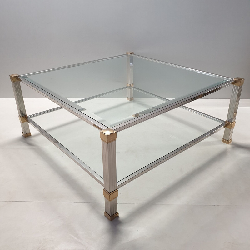 Vintage coffee table in chrome & gold plated square 2-tiers by Pierre Vandel, 1970s