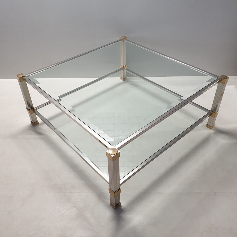 Vintage coffee table in chrome & gold plated square 2-tiers by Pierre Vandel, 1970s