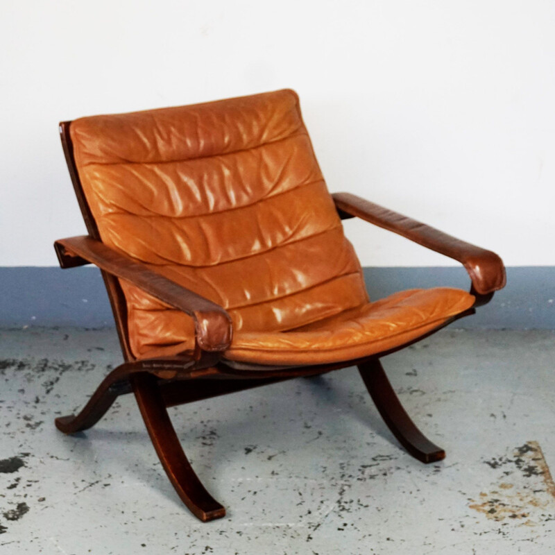 Vintage cognac leather lounge chair Flex by Ingmar Relling for Westnofa