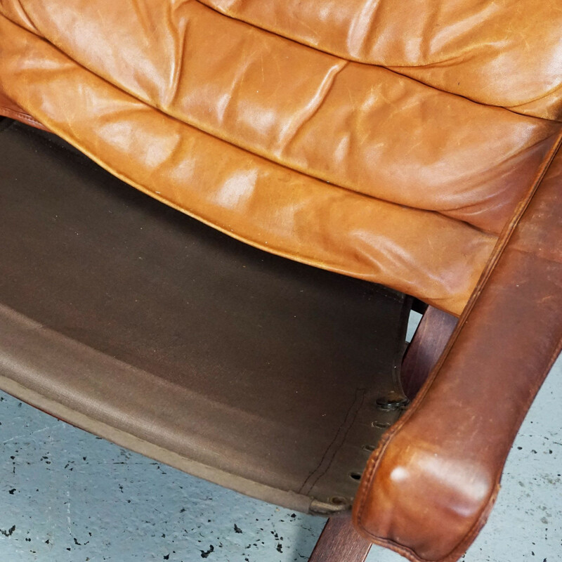 Vintage cognac leather lounge chair Flex by Ingmar Relling for Westnofa