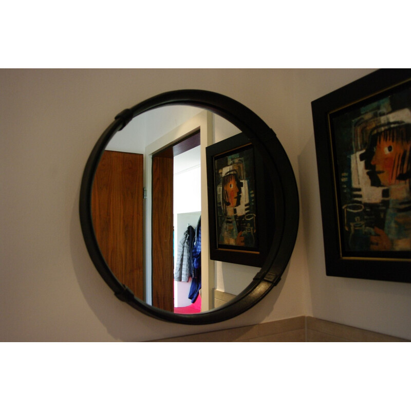 Vintage mirror in black leather 1960