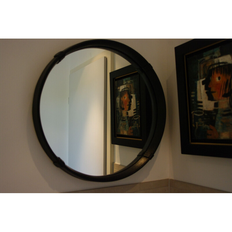 Vintage mirror in black leather 1960