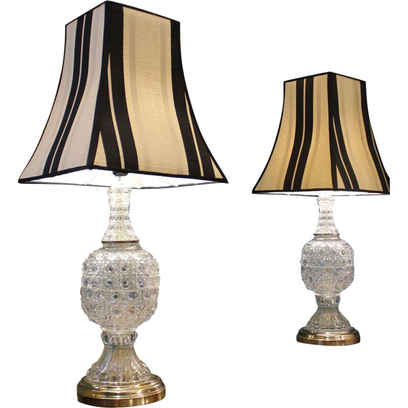 Pair of vintage table lamps in brass and crystal