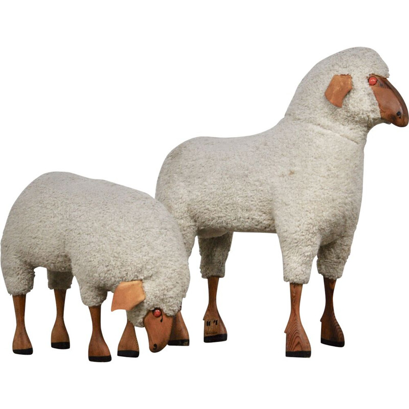 Paire de moutons en Bois et laine de mouton de Hans Krafft pour Meier, 1960