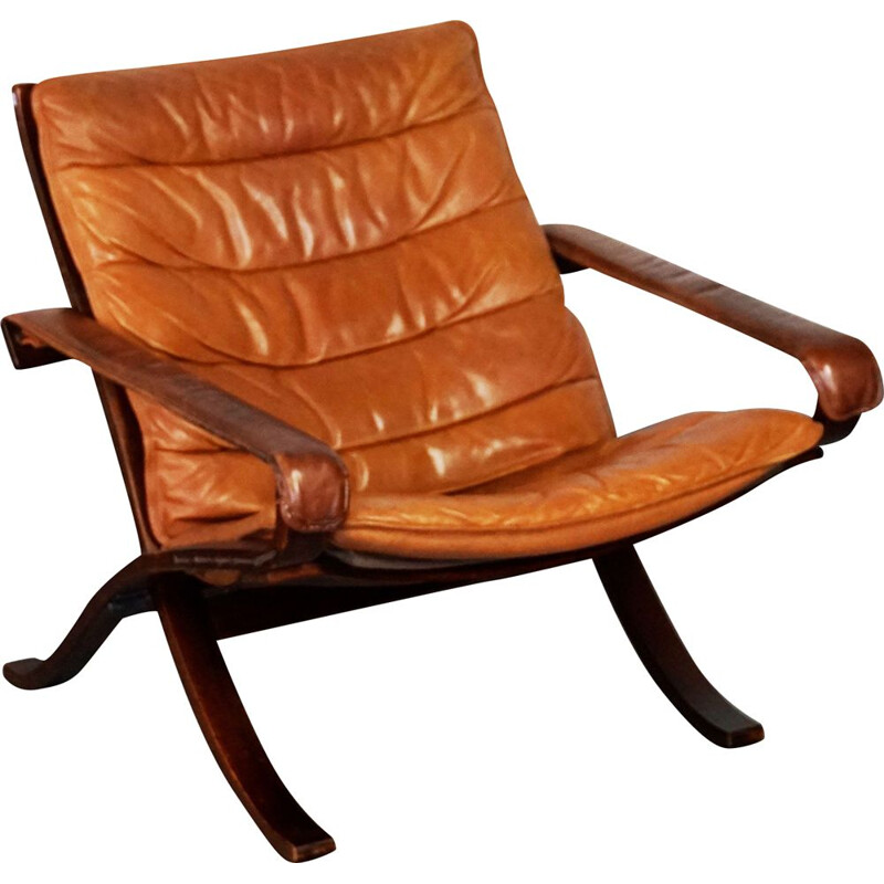 Vintage cognac leather lounge chair Flex by Ingmar Relling for Westnofa