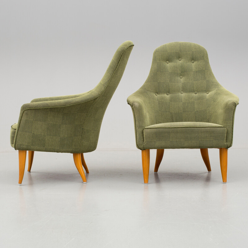 Pair of green armchairs in beech, Kerstin H. HOLMQUIST - 1960s