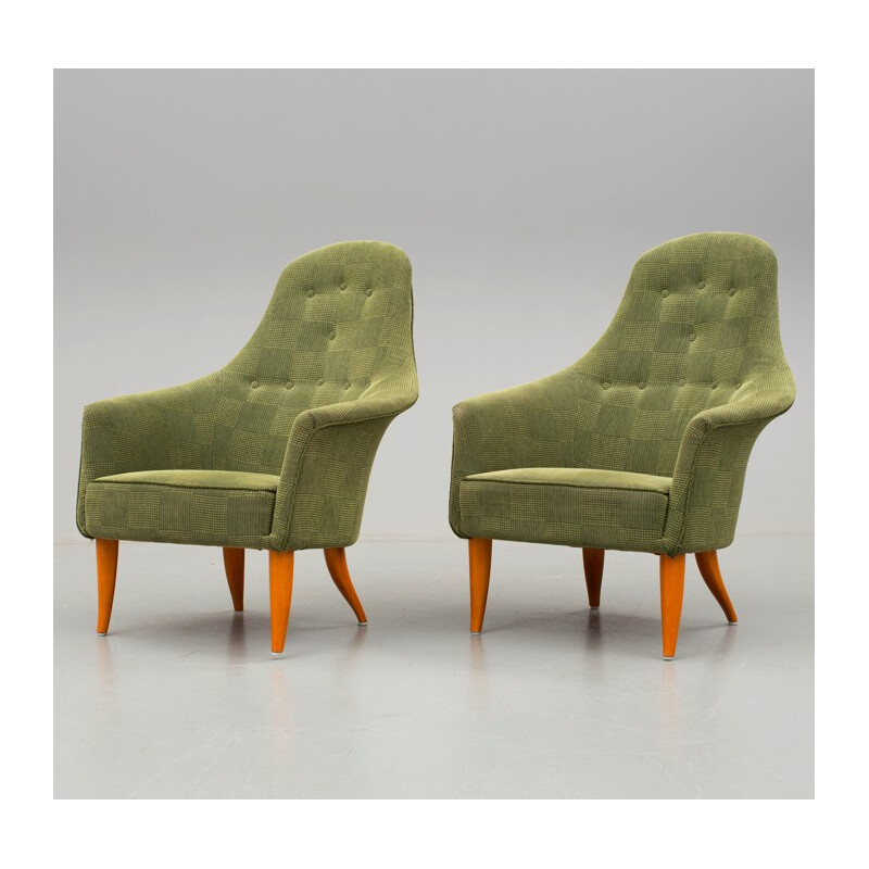 Pair of green armchairs in beech, Kerstin H. HOLMQUIST - 1960s