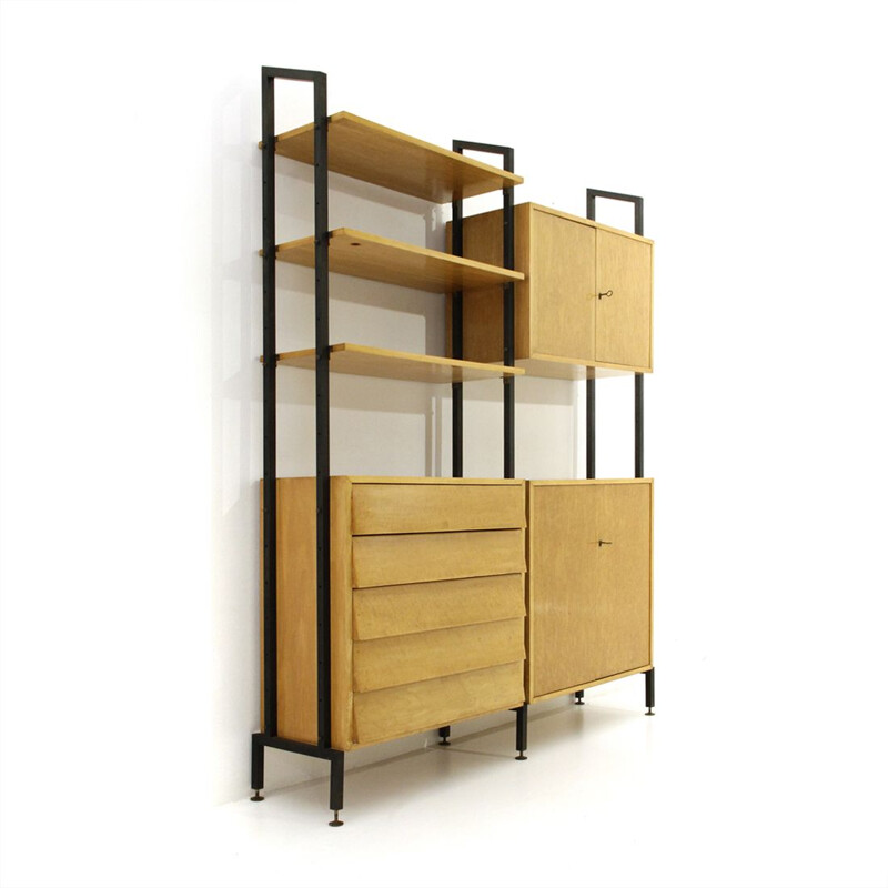 Italian vintage wall unit in wood and black metal