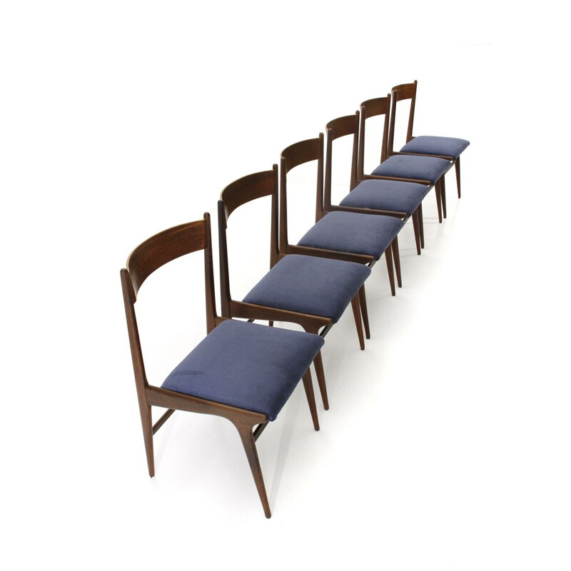 Set of 6 vintage Italian chairs in wood and blue velvet