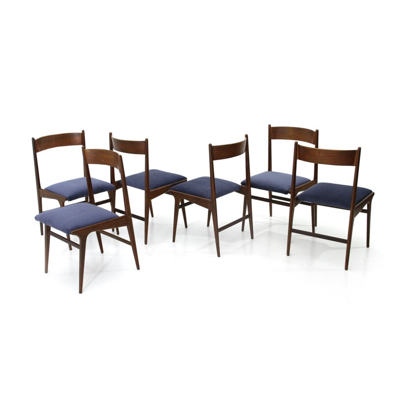 Set of 6 vintage Italian chairs in wood and blue velvet