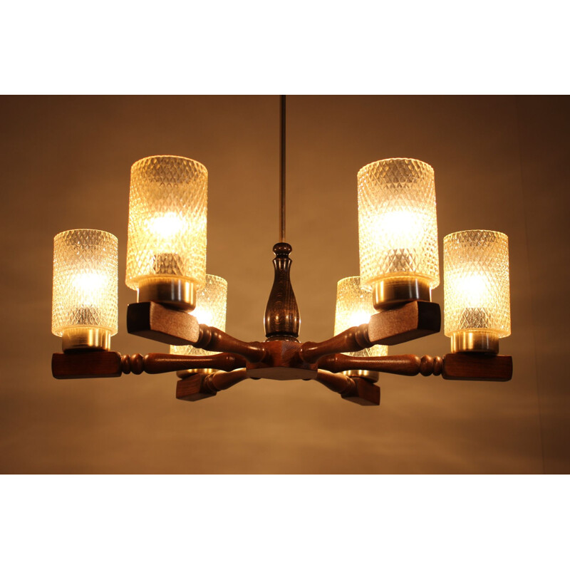 Vintage big chandelier in wood and glass