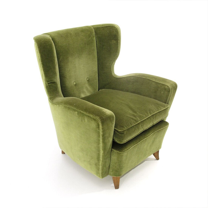 Vintage wooden armchair in green velvet