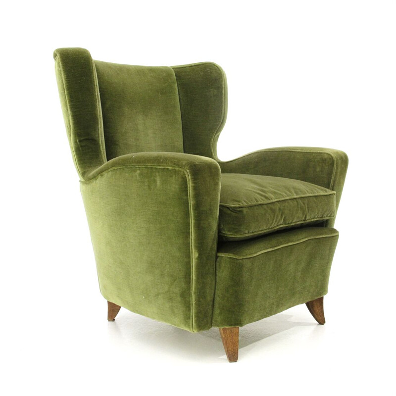 Fauteuil vintage en bois et velours vert