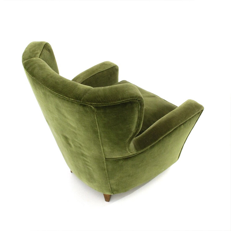 Vintage wooden armchair in green velvet