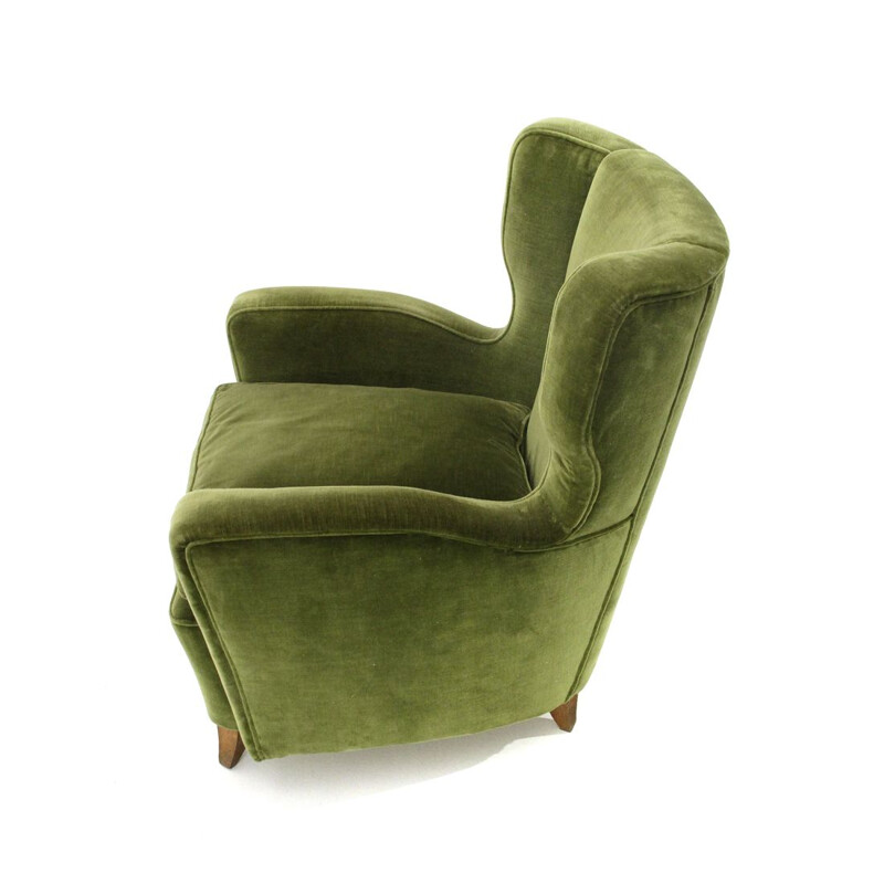 Vintage wooden armchair in green velvet