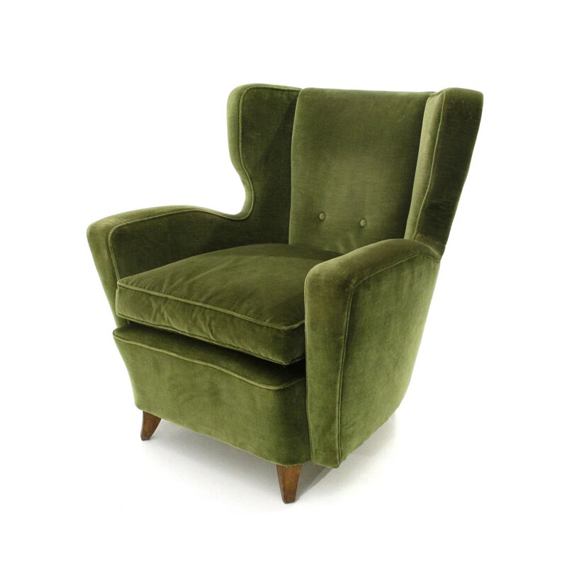 Vintage wooden armchair in green velvet