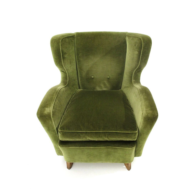 Vintage wooden armchair in green velvet