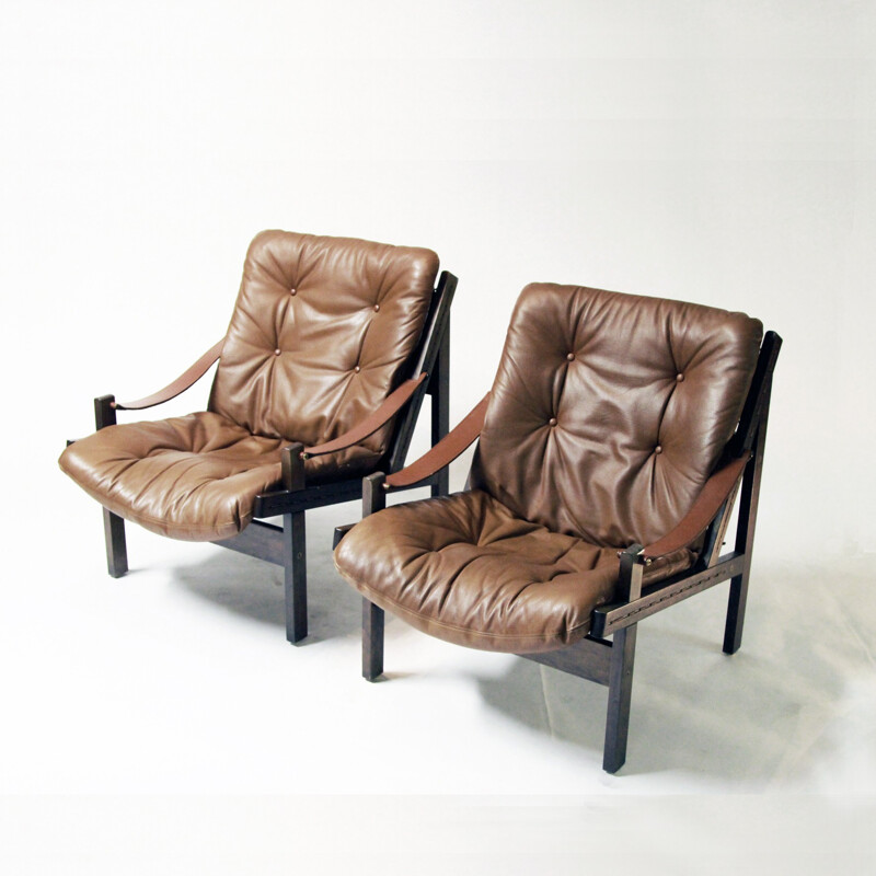 Pair of Hunter armchairs in wood and leather, Torbjorn AFDAL - 1960s