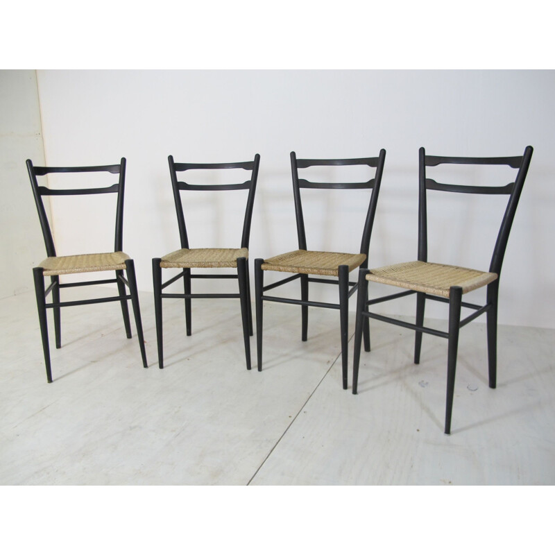 Set of 4 vintage Italian chairs in wood and rattan