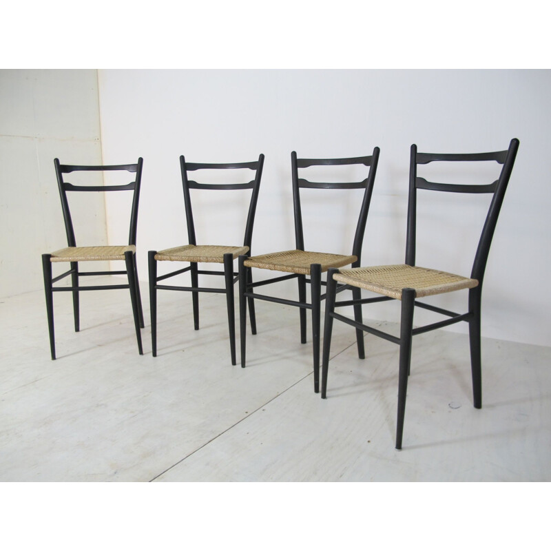 Set of 4 vintage Italian chairs in wood and rattan