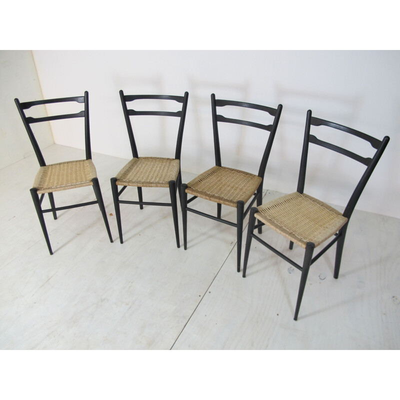 Set of 4 vintage Italian chairs in wood and rattan