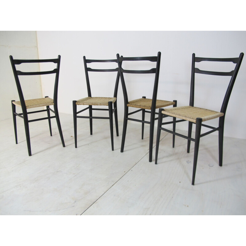 Set of 4 vintage Italian chairs in wood and rattan