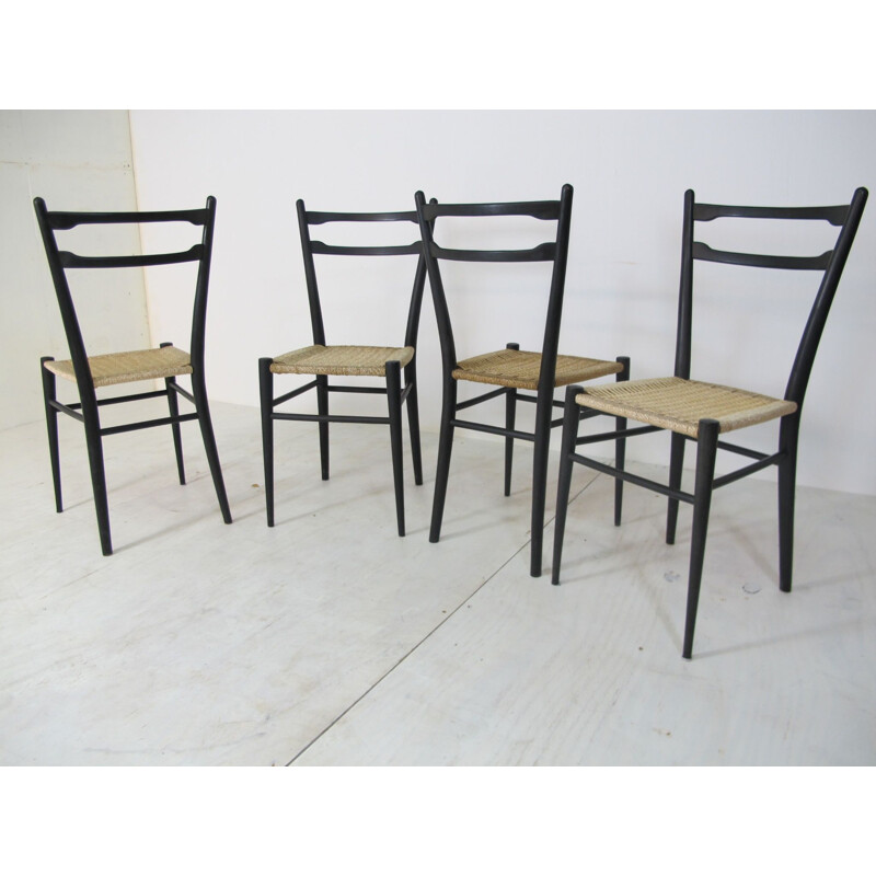 Suite de 4 chaises italiennes vintage en bouleau et rotin